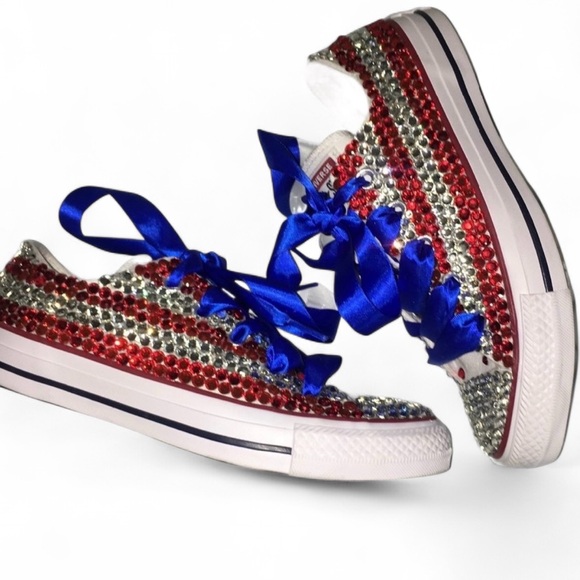 USA Theme Red Sapphire Blue White & Crystal Low Top Converse Sizes 5-14 New - Picture 2 of 12